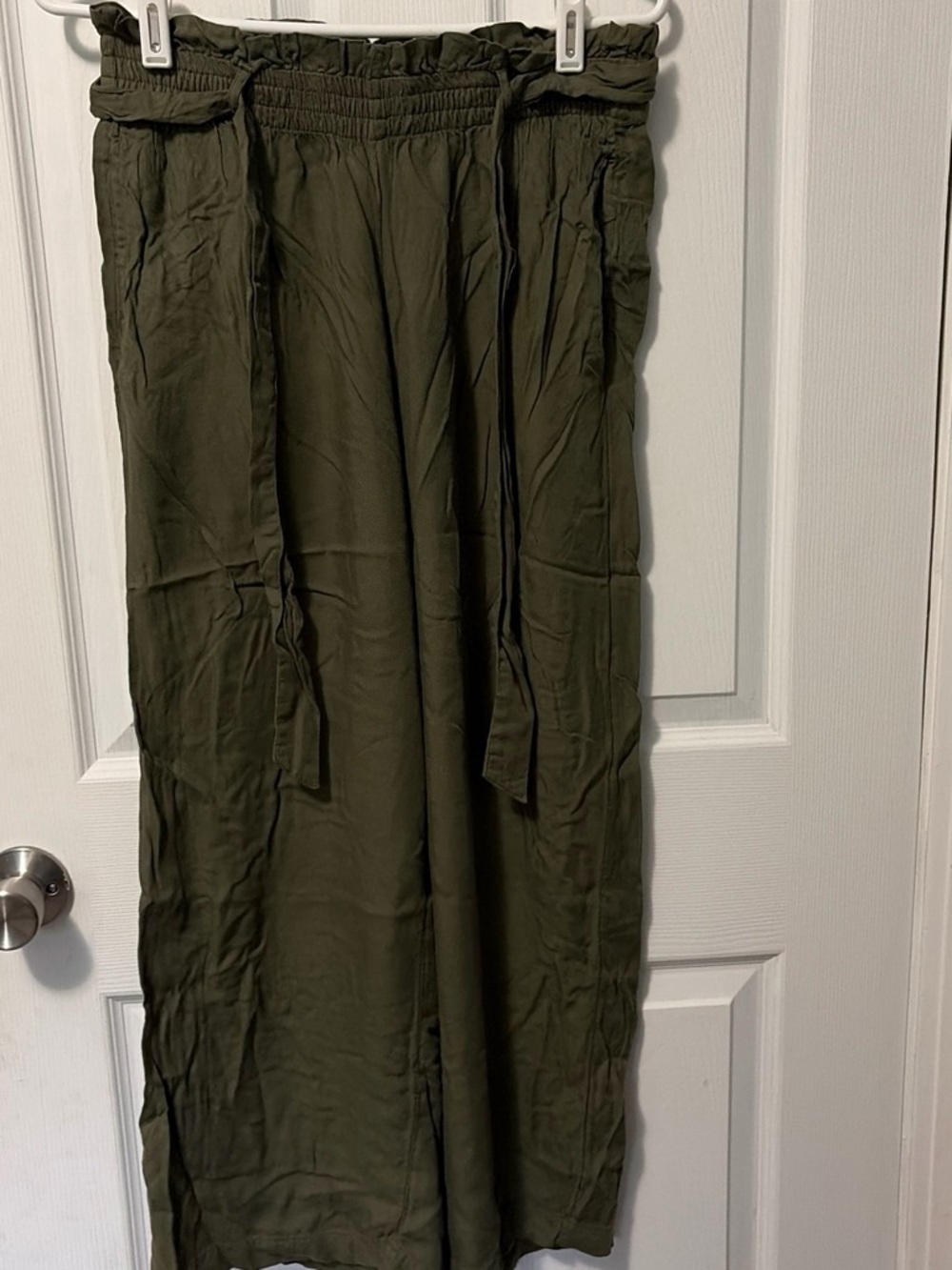 Olive Green Wide Leg Paperbag Waist Pants